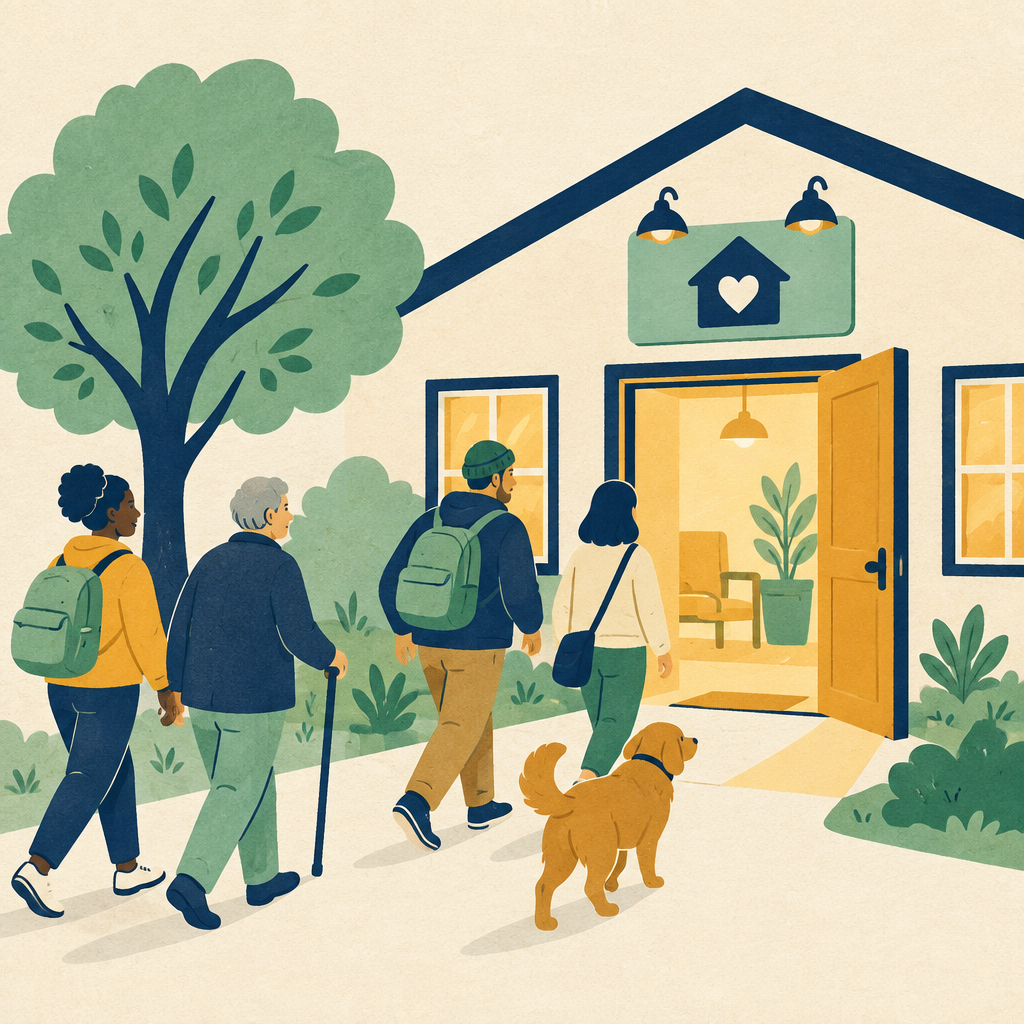 Illustration of people and a dog walking toward a warmly lit shelter with an open door
